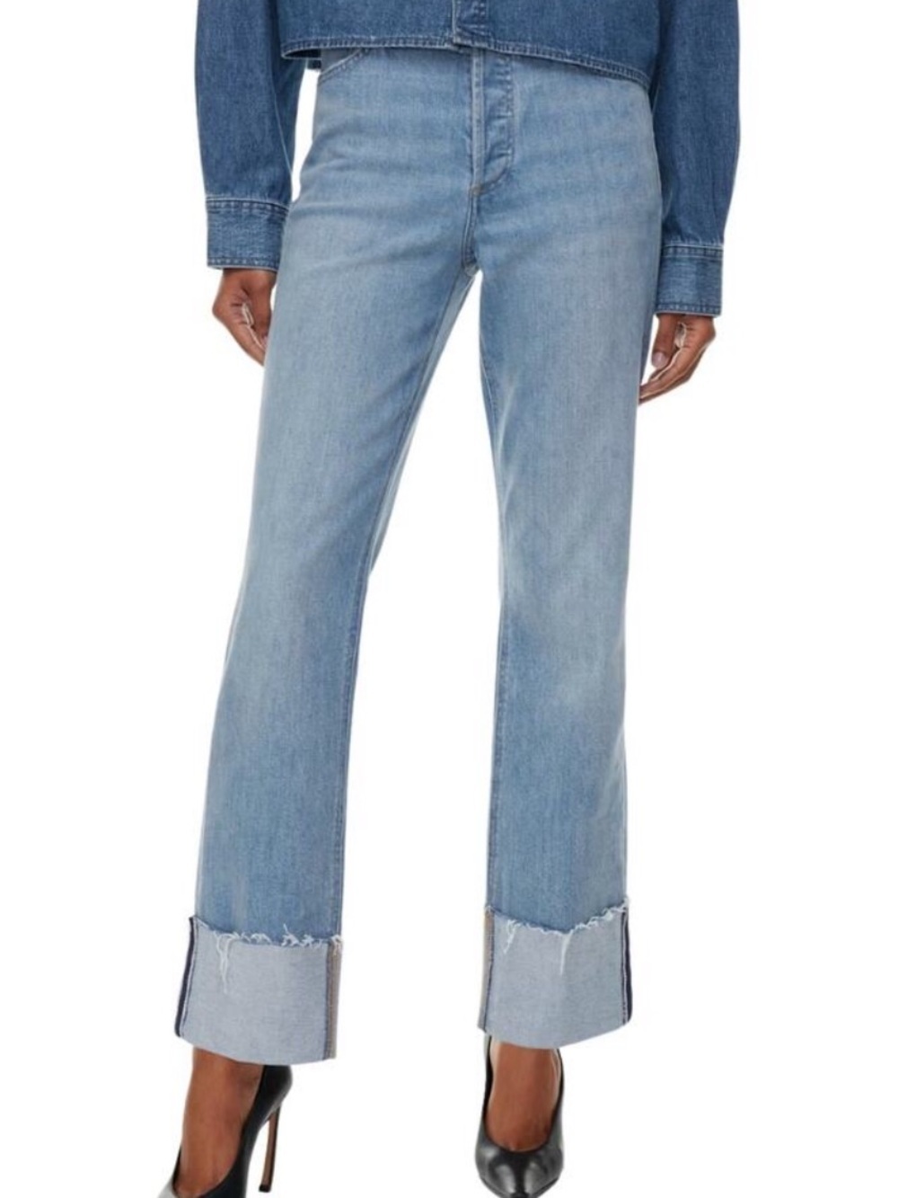 Aritzia Light Blue High-Rise Straight Jeans with Cuffed Frayed Hem